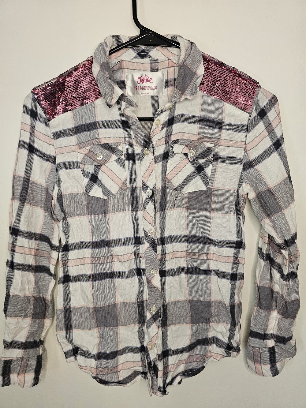 Justice Plaid Sequin Shoulder Button Down Shirt Girls 12 Y2K